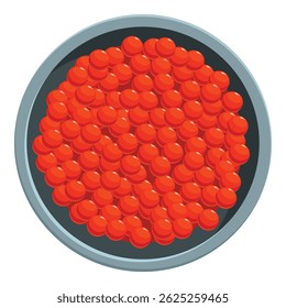 Salmon red caviar is filling a round metal plate, creating a vibrant and luxurious culinary scene