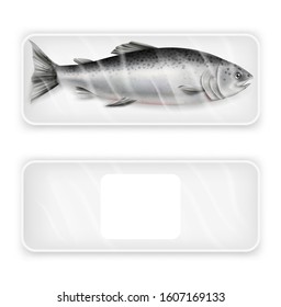 Salmon Red Fish Package, Vector Realistic Isolated Illustration. White Blank And With Fresh Fish Pack, Food Plastic Tray Mockup Set. Luxury Seafood Product For Cooking Advertising Template.