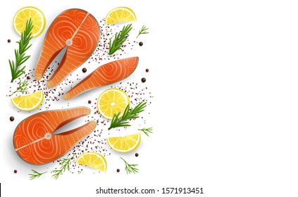 Salmon red fish raw steaks, fillet with lemon slices and spicy herb, vector realistic illustration. Fresh organic seafood composition for restaurant, sushi bar menu, poster, banner with copy space.