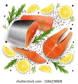 Salmon red fish raw steaks, fillet with lemon slices and spicy herb, vector realistic illustration. Fresh organic seafood composition for restaurant, sushi bar menu etc.