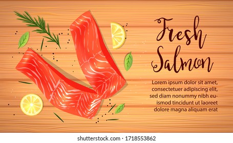 Salmon red fish raw steaks, fillet with lemon slices and spicy herb, vector realistic illustration. Fresh organic seafood banner for restaurant, sushi bar menu, poster, banner with copy space.