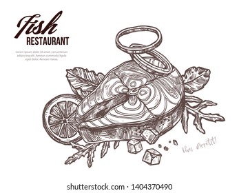 Salmon red fish slice or steak for grill and bbq with lemon, vegetables and salad. Illustration for seafood menu and restaurant. Vector drawing sketch
