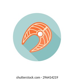 Salmon red fish steak isolated vector flat round icon with long shadow on white background