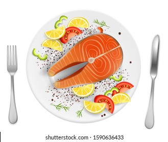 Salmon red fish steak with lemon, pepper, tomato slices and spicy herb on plate, vector realistic top view illustration. Fried or grilled seafood composition for menu, recipe, web banner.