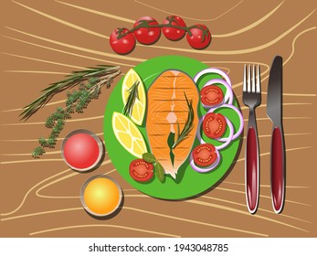 Lachs rotes Fischsteak mit Zitrone, Tomate, Kräuter auf dem Teller, Saucen, Besteck auf Holzhintergrund, Vektorgrafik realistischer Draufsicht. Frittierte oder gegrillte Meeresfrüchte-Komposition für Menü, Rezept, Webbanner