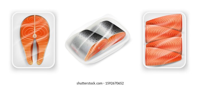 Salmon Red Fish Steak Package Mockup Set, Vector Realistic Illustration Isolated On White Background. Fresh Luxury Seafood Product For Cooking In Food Plastic Tray With Transparent Polypropylene Wrap.