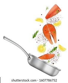 Salmon red fish steaks, fillet with lemon slices, pepper and rosemary spicy herb falling into frying pan, vector illustration. Cooking tasty healthy seafood composition for restaurant menu, recipe etc