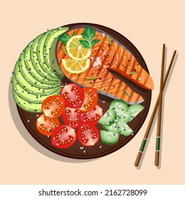 Salmon red fish steaks, fillet with lemon slices, tomato, avocado and cucumber. Fresh organic seafood composition for restaurant, sushi bar menu, poster, banner with copy space.