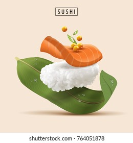 Salmon refreshing sushi with raw fish and fish roe in 3d illustration