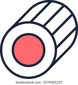 Salmon and rice sushi roll icon featuring a minimalist design with clean lines and contrasting colors, ideal for food blogs, restaurant menus, or Japanese cuisine related projects