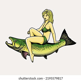 Salmon Riding. Beautiful Woman and Fish Salmon. Vector Illustration.