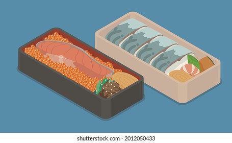 salmon and salmon roe lunch box and pressed sushi lunch box vector illustration