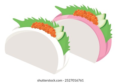 Salmon roe and red and white kamaboko. Japanese New Year's food.