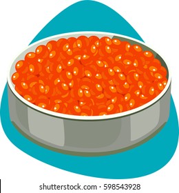 Salmon roe in shallow tin. Isolated. On blue background. 