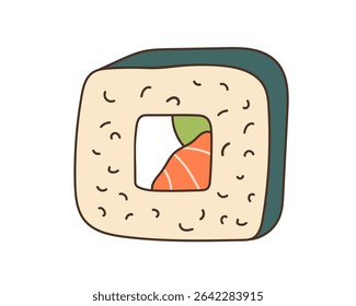 Salmon Roll with avocado, cream cheese, rice, nori served sketch. Hand drawn lineart vector illustration. Maki Roll Sign for Label, Poster, logo, menu design. Traditional fresh japanese sushi rolls.