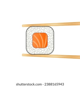 Salmon roll hold with wooden chopsticks closeup top view isolated on white background, realistic vector food illustration of sushi Japanese traditional food.