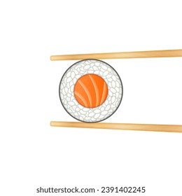 Salmon roll round shape are holding wooden chopsticks, close-up top view isolated on white background, realistic vector food illustration of sushi Japanese traditional eat.