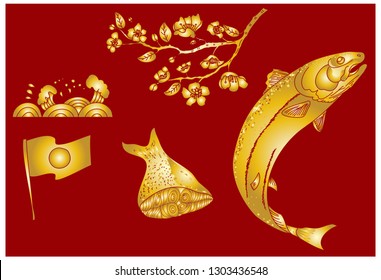 Salmon with Sakura flower and Japanese flag on Fuji mountain vector illustration.