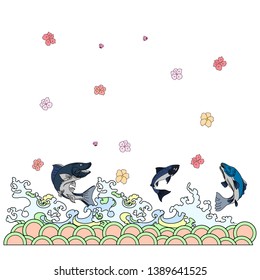 Salmon with sakura flower tattoo and water splash background.Peach blossom  coloring book background.