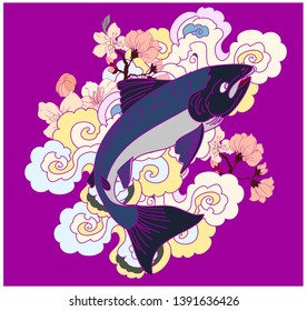 Salmon with sakura flower tattoo and water splash background. 