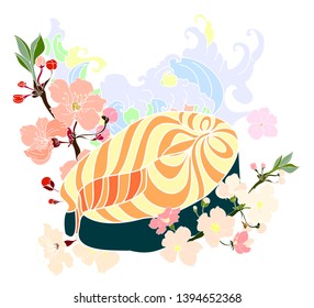 Salmon with sakura flower tattoo and water splash background. 