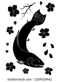 Salmon and sakura vector set for printing on white background.