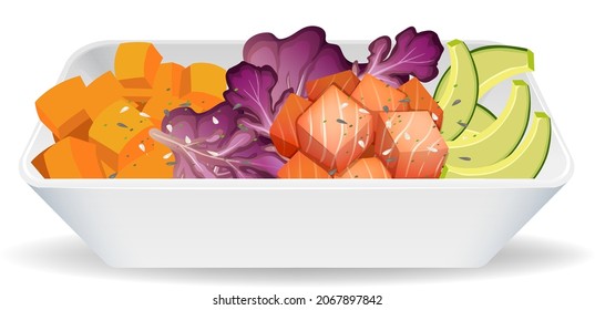 Salmon salad bowl on white background illustration