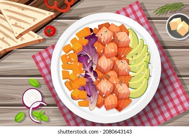 Salmon salad with bread on the table illustration