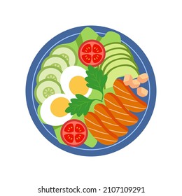 Salmon salad healthy dish in flat design on white background.