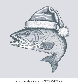 Salmon Santa Hat Vector Illustration Tshirt Design Logo Icon Christmas Greeting Card