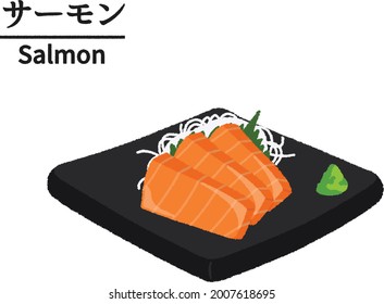 Salmon, Sashimi, Delicious Japanese food, Fresh seafood, Text means "Salmon"