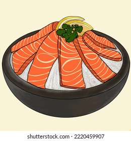 Salmon sashimi on ice with lemon Vector illustration of a design menu