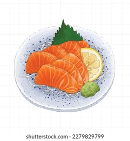 Salmon sashimi painted by watercolor