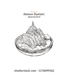 Salmon sashimi, raw fish in traditional Japanese style
. Hand draw sketch vector.