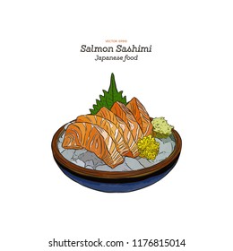 Salmon sashimi, raw fish in traditional Japanese style
. Hand draw sketch vector.