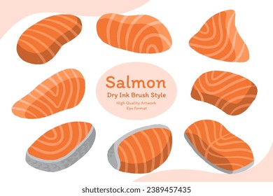 salmon sashimi,dry ink brush style,element and illustration,high quality artwork