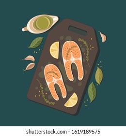 Salmon with sauce and lemon vector illustration
