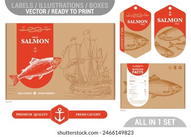 Salmon seafood Premium quality package design set featuring modern hand drawn illustrations and labels set. Seafood