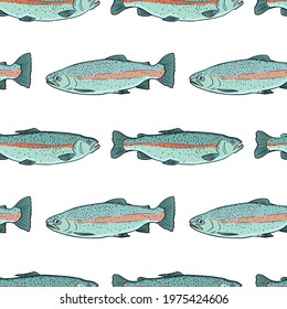 Salmon seamless pattern. Hand drawn vector fish. Sea, river or ocean fish. Design for fishing catch or fisher sport club. Fish market, menu seafood. Design template, banner