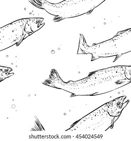 Salmon seamless Pattern. Hand drawn salmon vector illustration. Background texture.