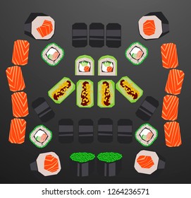 Salmon set low polygonal cartoon style minimal - trout, avocado roll, flying fish caviar in nori seaweed, with unagi sauce, philadelphia cheese - design menu restaurant delivery, flyer, web background