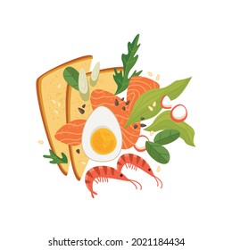 Salmon, shrimps, egg on slices of bread. Toast for breakfast with fish and herbs drawing. Vector illustration in cartoon flat style. Isolated funny clipart on a white background. Cute print food.