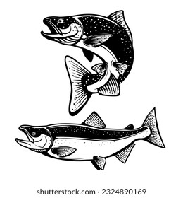 Salmon silhouettes. Fresh seafood. Salmon fishing.  Design element for logo, label, emblem, sign. Vector illustration.