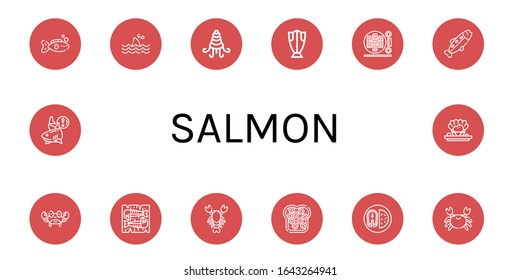salmon simple icons set. Contains such icons as Fish, Shark, Shellfish, Cod, Sushi roll, Trout, Crab, Mackerel, Lobster, Caviar, can be used for web, mobile and logo
