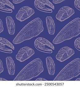 Salmon slice seamless pattern in line art style. Food design for seafood restaurant menu. Vector illustration on a blue background.