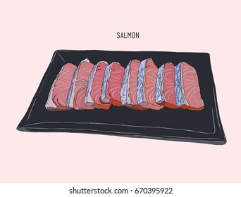 Salmon sliced on a plate , prepare for cook . hand drawn sketch vector.