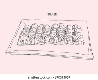 Salmon sliced on a plate , prepare for cook . hand drawn sketch vector.