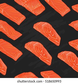Salmon slices pattern including seamless on black background