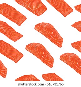 Salmon slices pattern including seamless on white background. 
