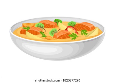 Salmon Soup with Fish Slabs and Vegetables Served in Bowl as National Dish of Norway Vector Illustration